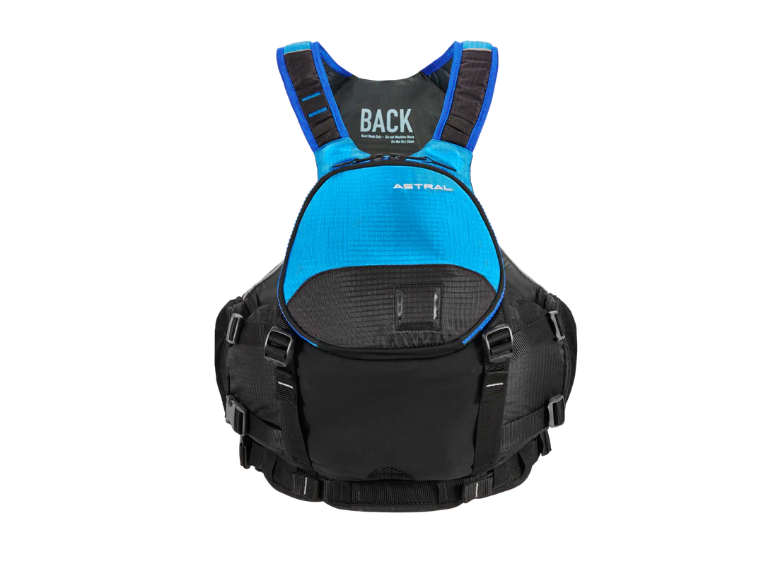An Astral Bowen PFD back pack with on-jacket storage.