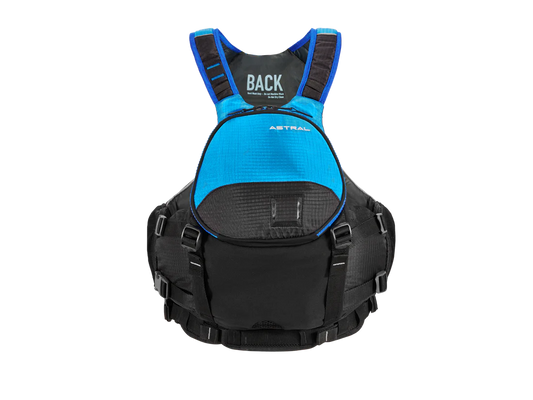 An Astral Bowen PFD back pack with on-jacket storage.