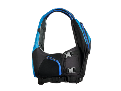 The back of a blue and black Bowen PFD backpack featuring on-jacket storage by Astral.