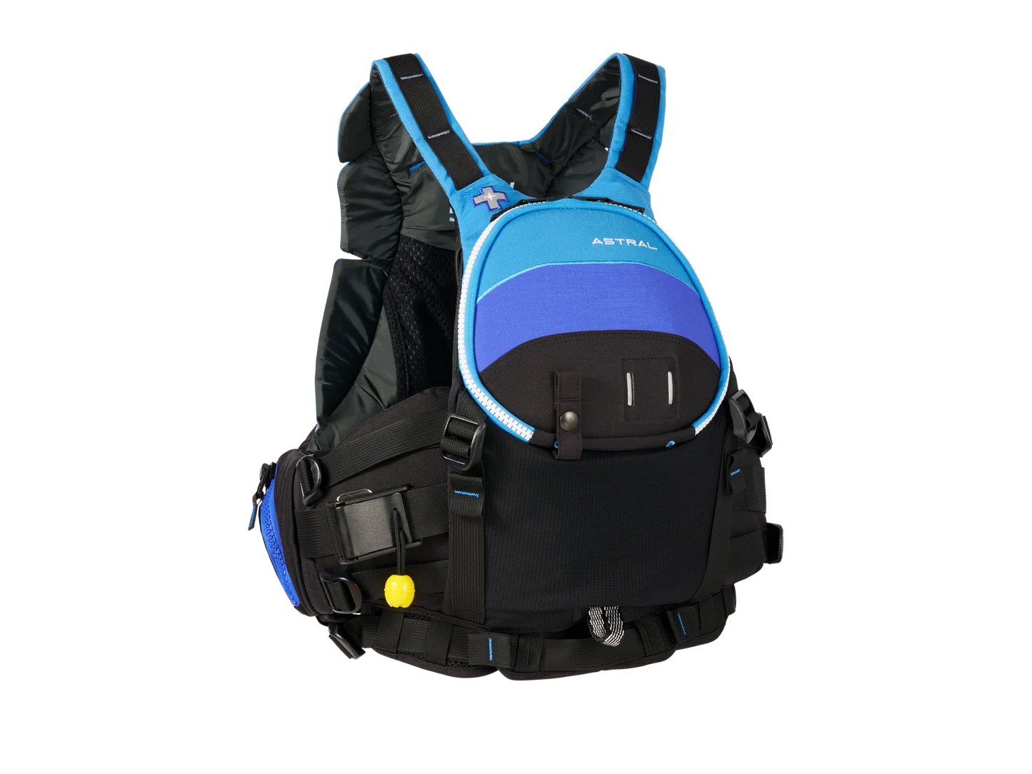 The Astral GreenJacket Rescue PFD is expertly crafted for outdoor water activities, featuring a blue and black design with multiple pockets and adjustable straps.