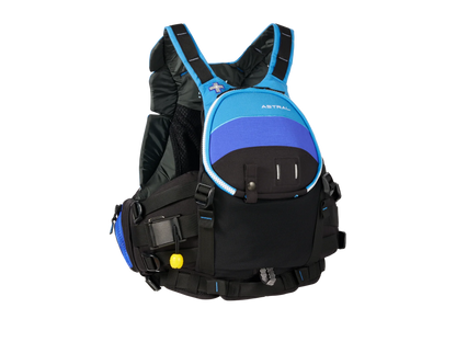 The Astral GreenJacket Rescue PFD is expertly crafted for outdoor water activities, featuring a blue and black design with multiple pockets and adjustable straps.
