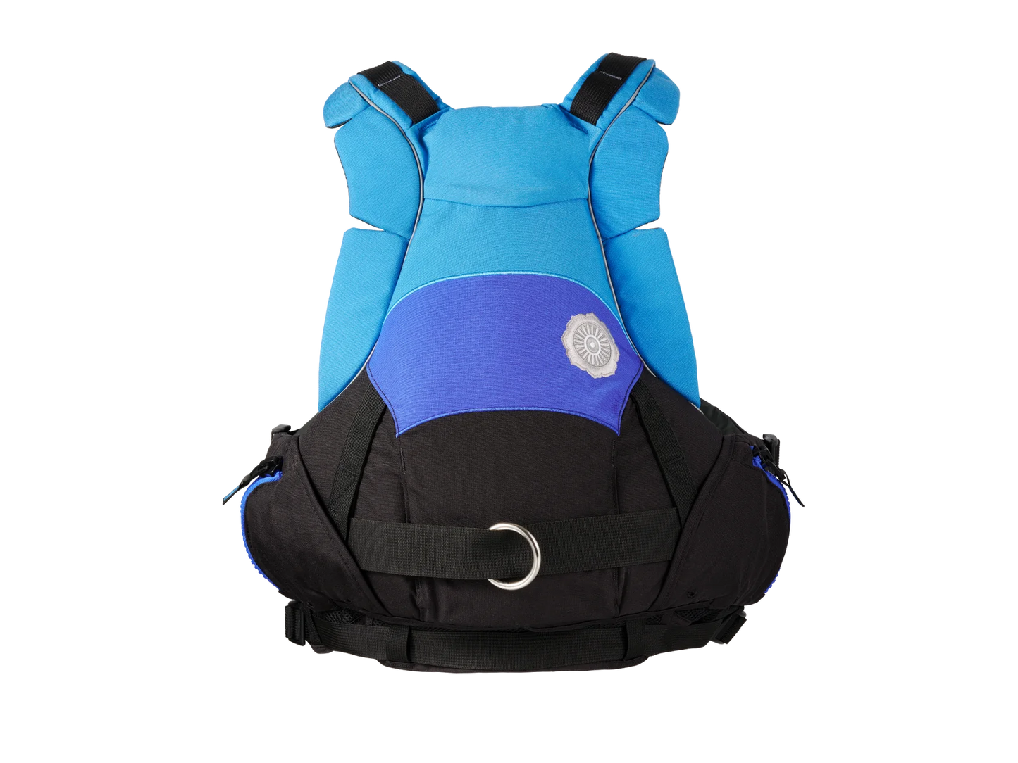 The GreenJacket Rescue PFD by Astral is a blue and black dog backpack with metal rings and adjustable straps, showcased on a white background, designed for optimal comfort in the Freestyle Tectonic style.
