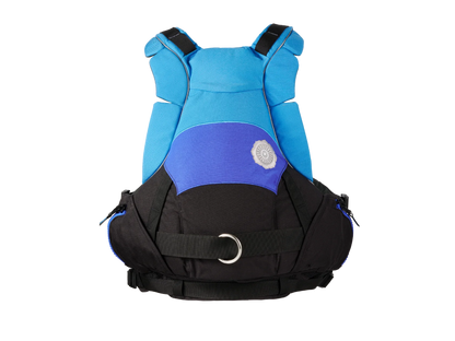 The GreenJacket Rescue PFD by Astral is a blue and black dog backpack with metal rings and adjustable straps, showcased on a white background, designed for optimal comfort in the Freestyle Tectonic style.