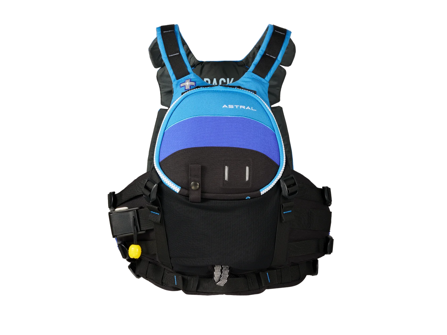 The Astral GreenJacket Rescue PFD, in blue and black, features multiple straps, pockets, and a front whistle for safety and convenience.