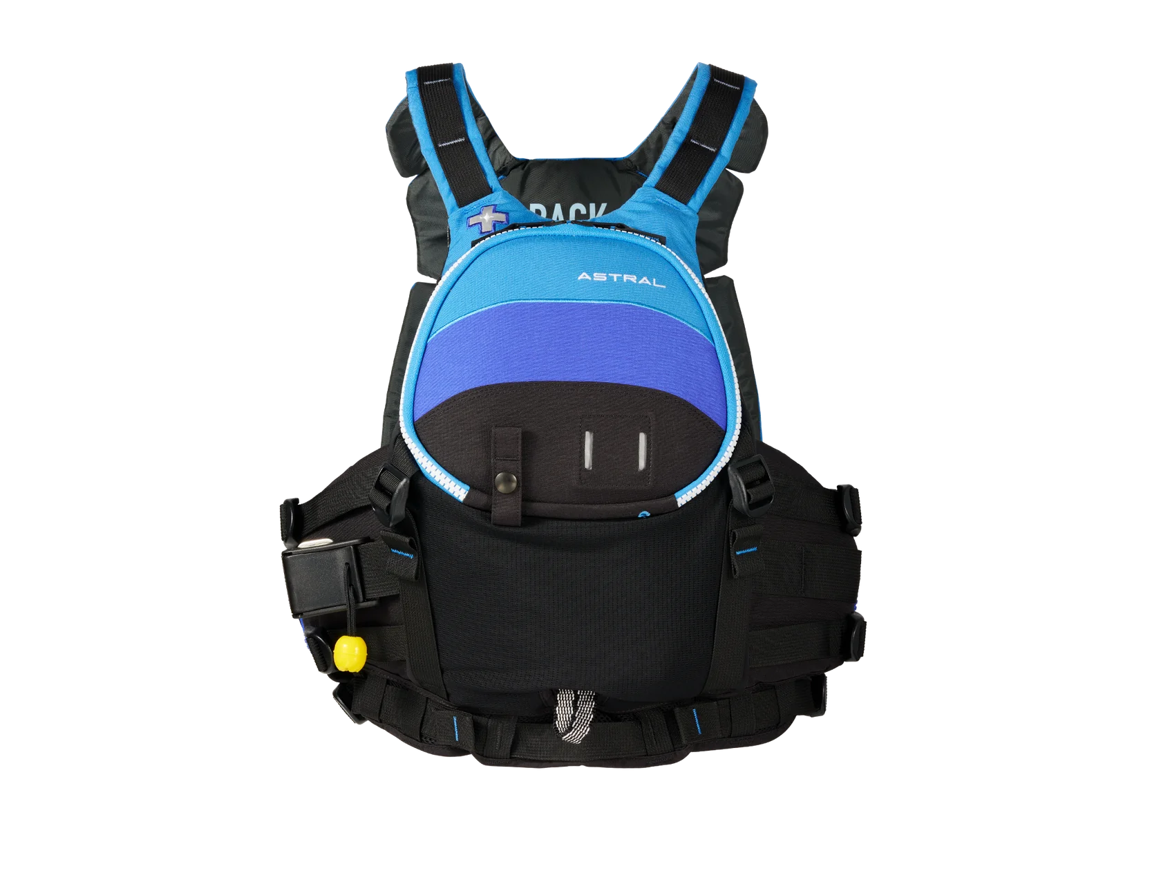 The Astral GreenJacket Rescue PFD, in blue and black, features multiple straps, pockets, and a front whistle for safety and convenience.