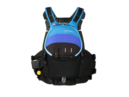 The Astral GreenJacket Rescue PFD, in blue and black, features multiple straps, pockets, and a front whistle for safety and convenience.