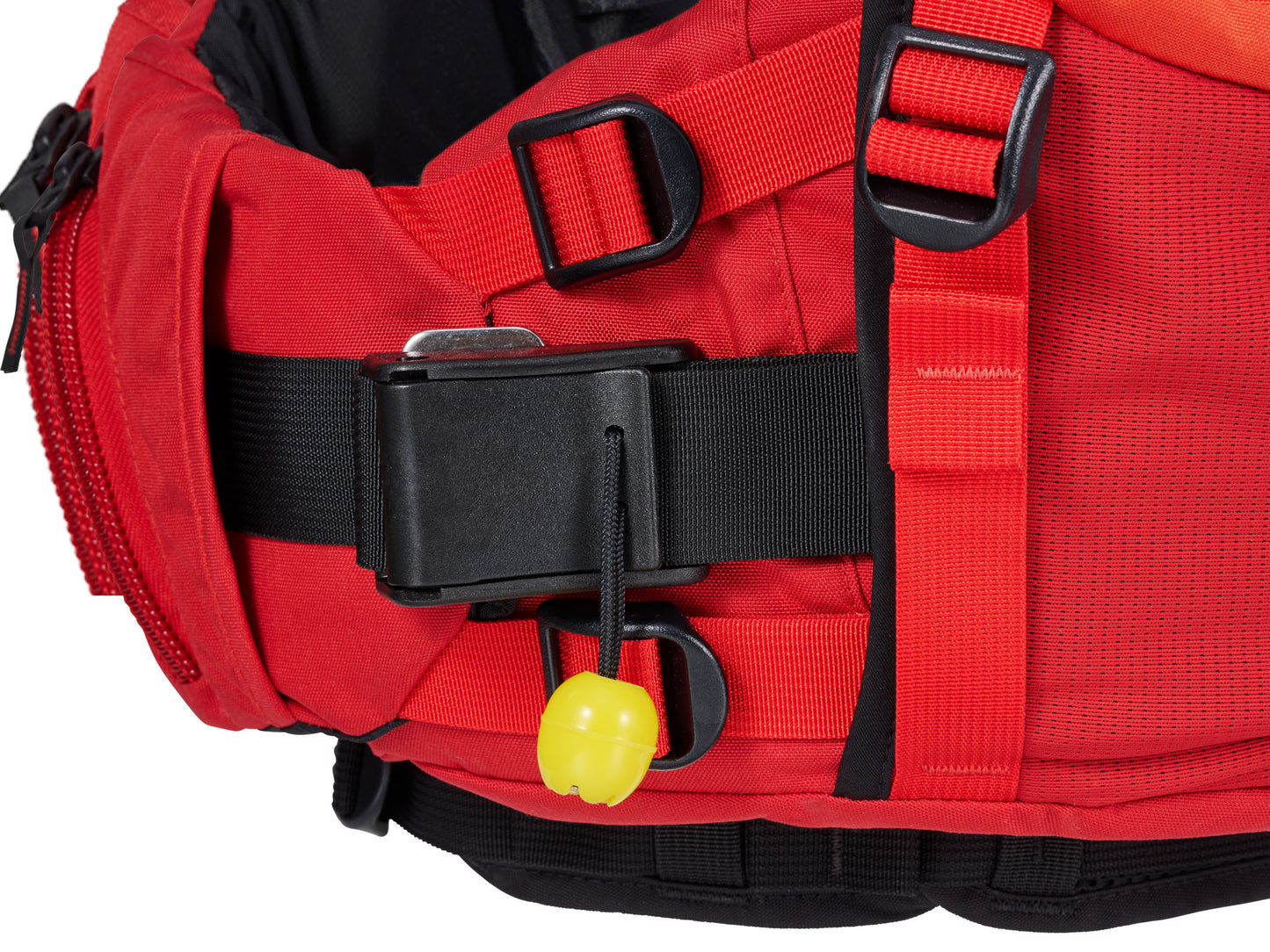 Astral's Indus High Float Rescue PFD with FoamTectonics™ technology in red and black colors, featuring a yellow strap.