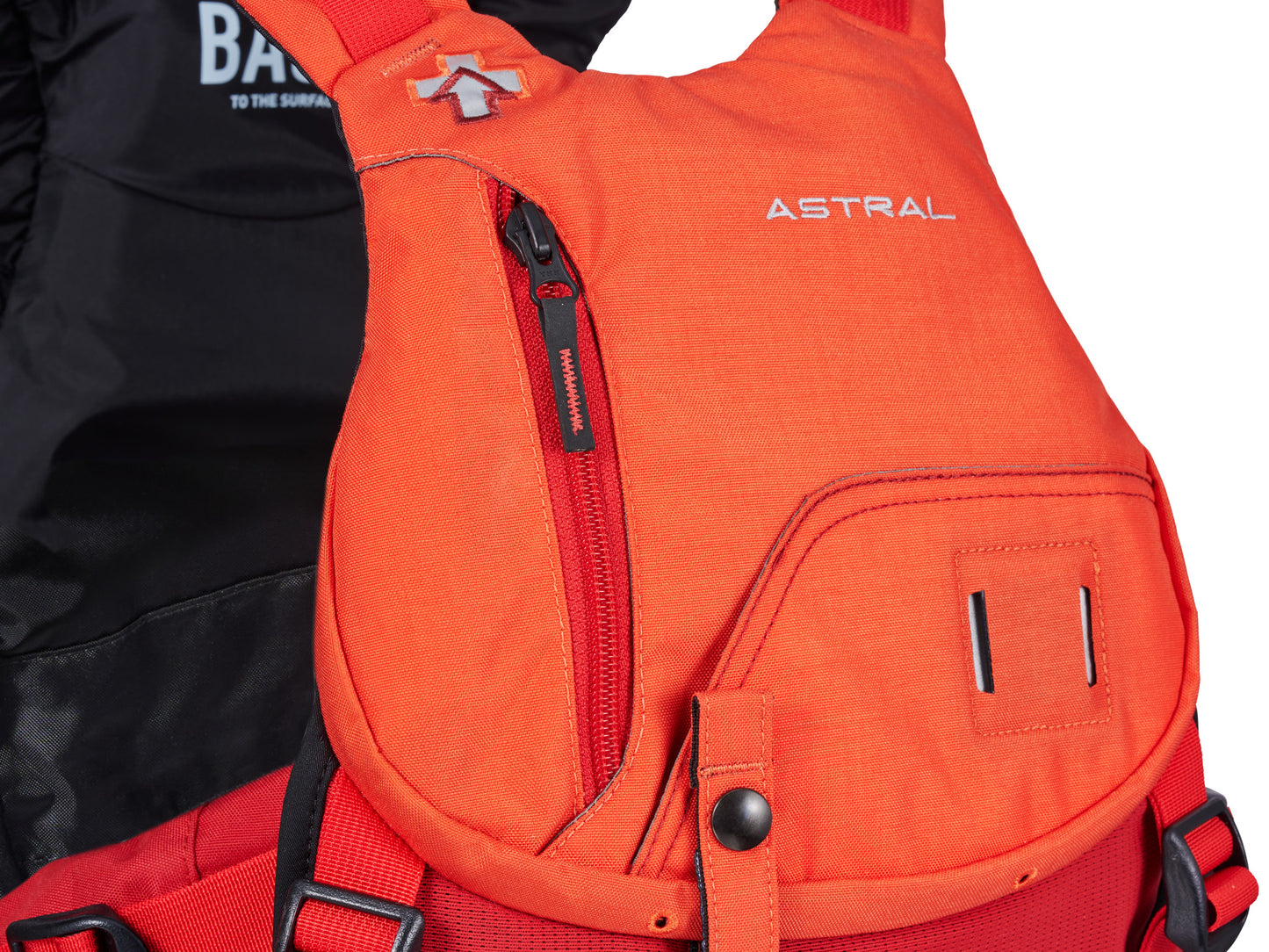 A backpack with an orange and black zipper featuring Astral's Indus High Float Rescue PFD technology.