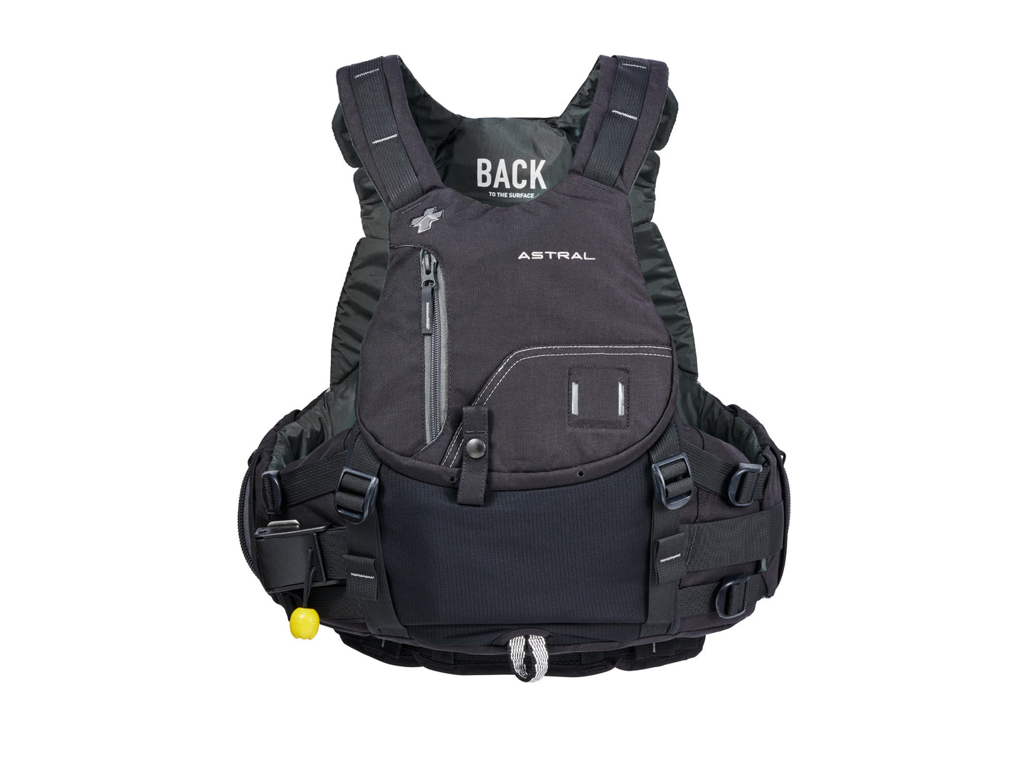 A black vest with a yellow tag, featuring Indus High Float Rescue PFD technology for high float.