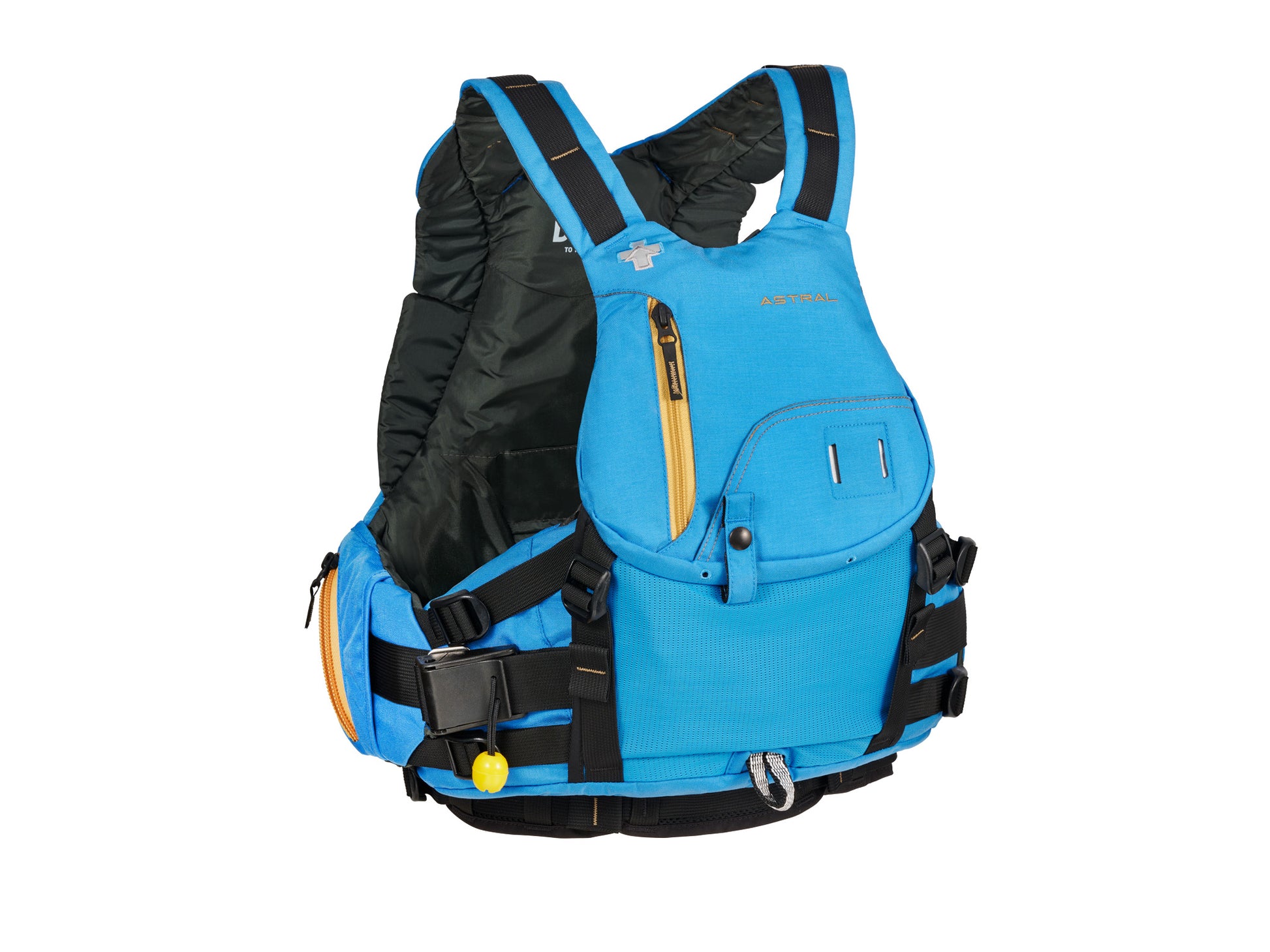 A blue Indus High Float Rescue PFD with yellow straps by Astral.
