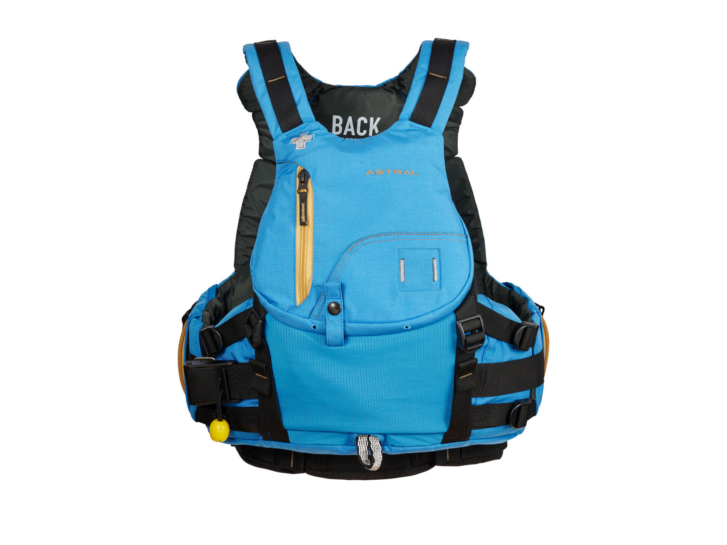 A blue Indus High Float Rescue PFD with an orange strap and FoamTectonics™ technology by Astral.