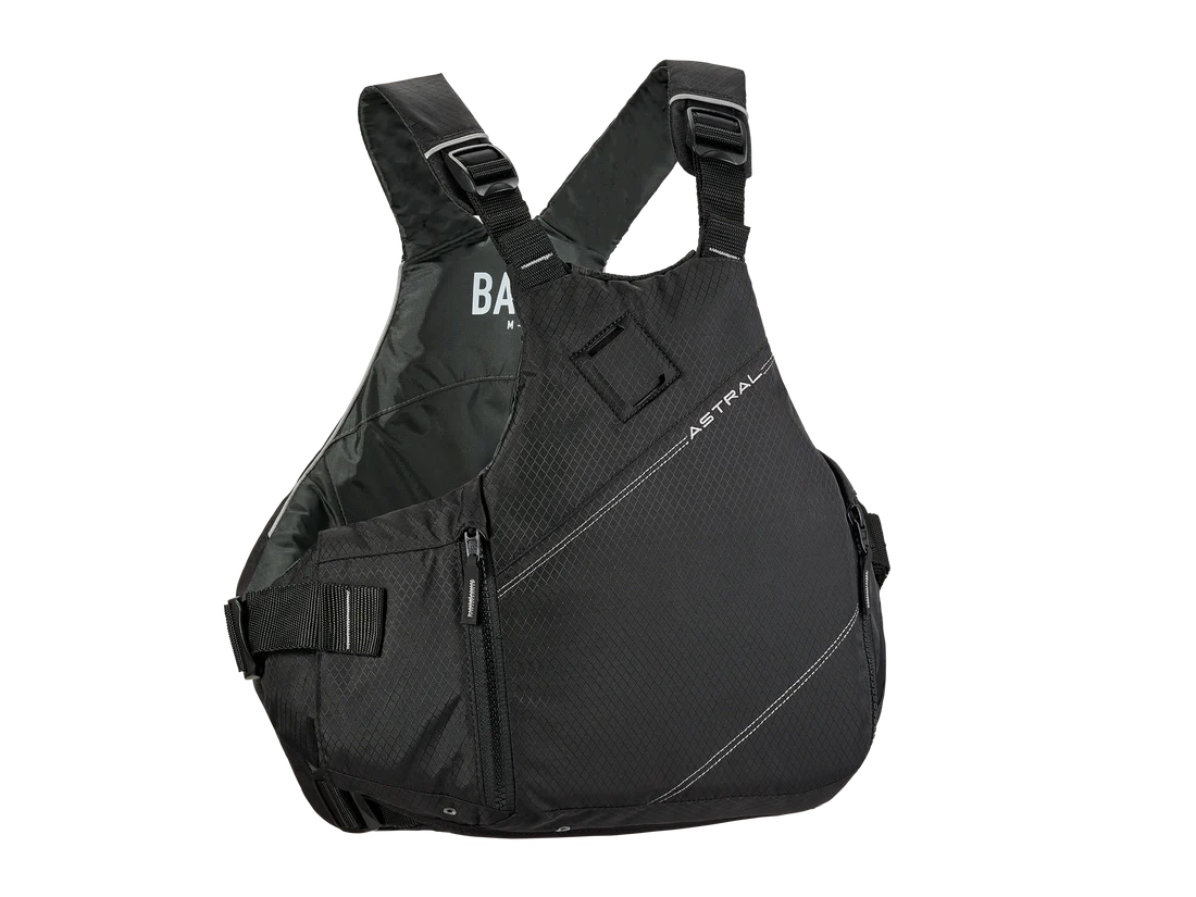 A black low profile YTV 2.0 PFD from the brand Astral with a zipper on the back.