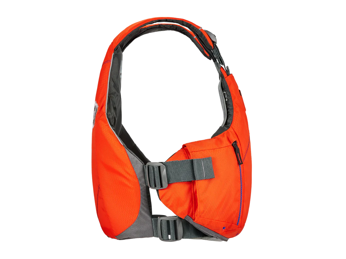 The back of an orange Astral YTV 2.0 PFD.