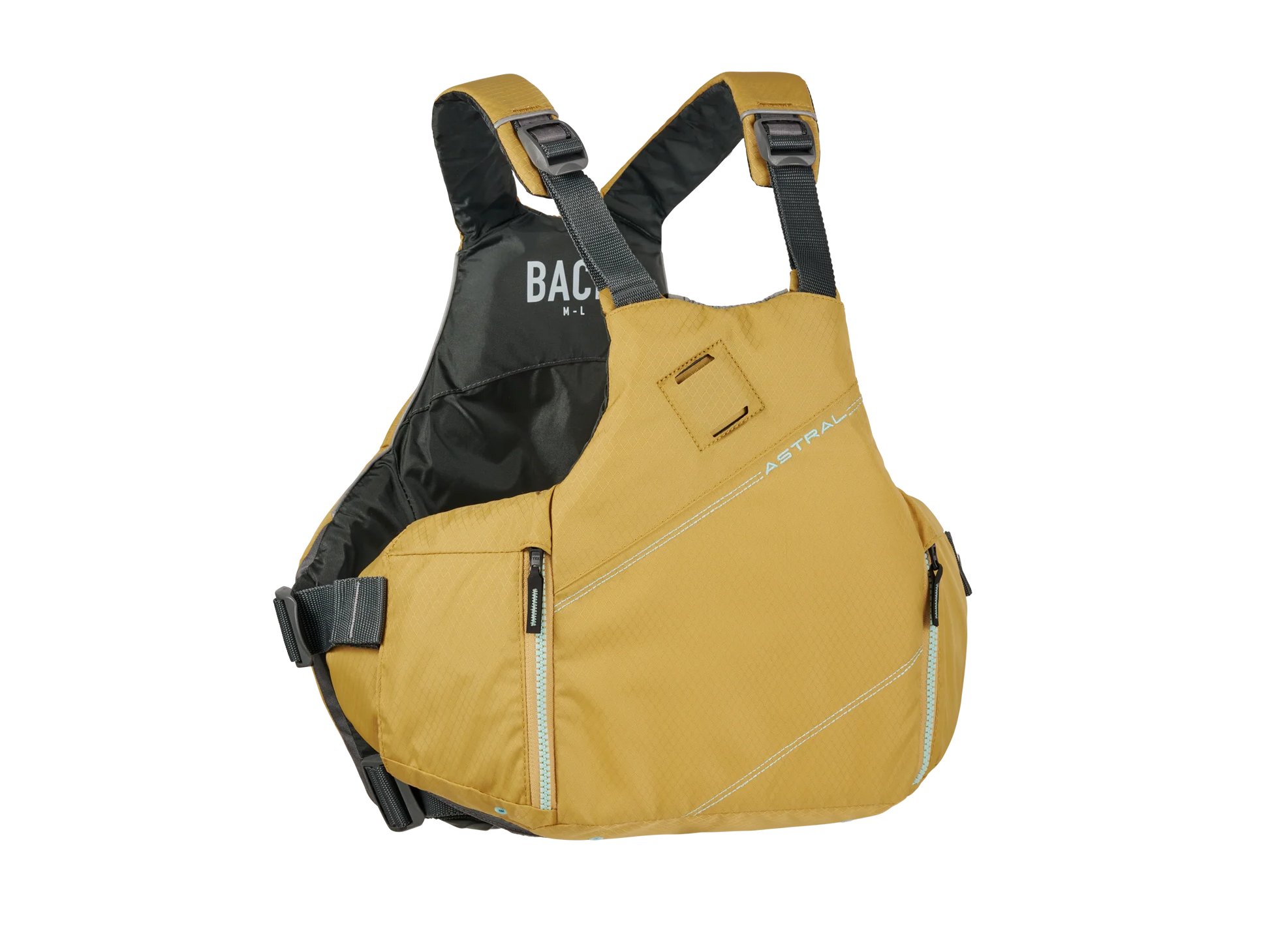 An Astral YTV 2.0 PFD is a yellow and black low profile personal flotation device.