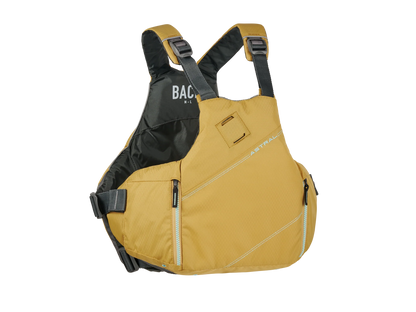 An Astral YTV 2.0 PFD is a yellow and black low profile personal flotation device.