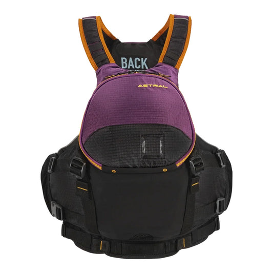 A lightweight, purple and orange Bowen PFD life jacket with the word Astral on it.