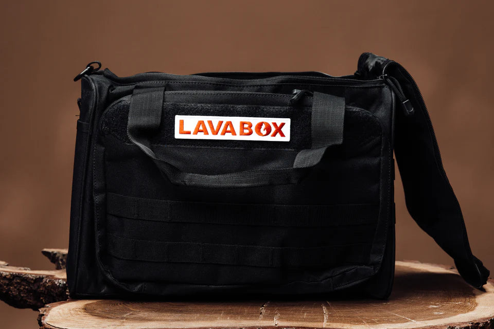 A black BugOut Bag for LavaBox with the word LavaBox and 304 Stainless Steel on it.