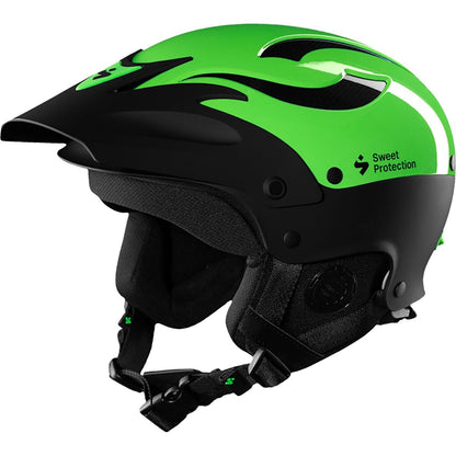 The Rocker Helmet by Sweet Protection is a green and black sports helmet featuring TLC Shell Technology, a visor, vent openings, an adjustable chin strap, and branding text "Sweet Protection," ideal for those seeking outstanding protection in whitewater activities.