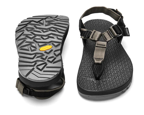 The Bedrock Carin 3D Pro II sandals in black and gray feature adjustable straps and textured soles for a secure fit, shown here from top and bottom views.