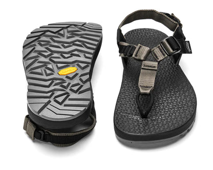 The Bedrock Carin 3D Pro II sandals in black and gray feature adjustable straps and textured soles for a secure fit, shown here from top and bottom views.