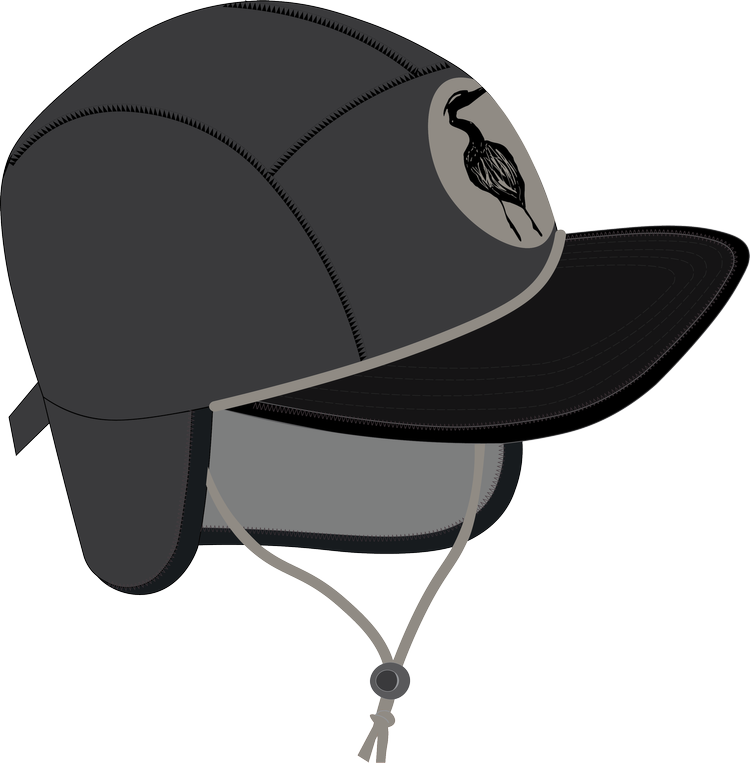 The Nobdody's Nobdody Flat Brim Skull Cap is a dark gray five-panel cap with ear flaps, chin straps, and a black bird silhouette logo—ideal for paddling adventures.
