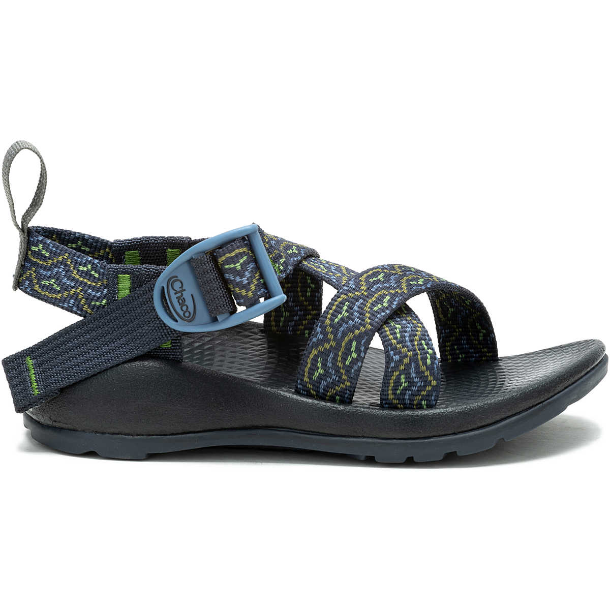 The Chaco Z1 Ecotread - Kids sandal features blue and green patterned straps with an adjustable buckle, a black textured footbed, and a rugged black sole, shown in side profile.