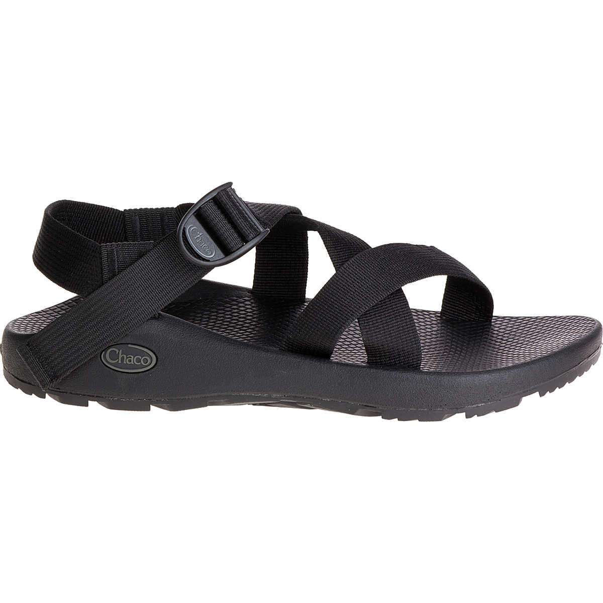 The Chaco Z1 Classic - Men's sandal in black features adjustable straps, a rugged sole, and a podiatrist-approved footbed—shown in side profile on a white background—ideal for outdoor enthusiasts.