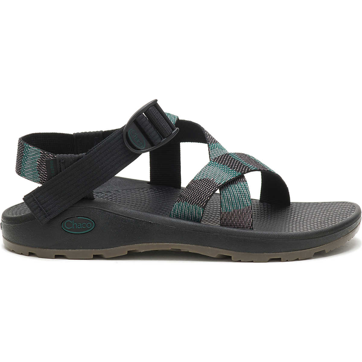 The Chaco ZCloud - Men's sandal features adjustable teal and black straps, an open toe, textured sole, and a visible Chaco logo. These comfortable sandals provide excellent support for hiking and any adventure.