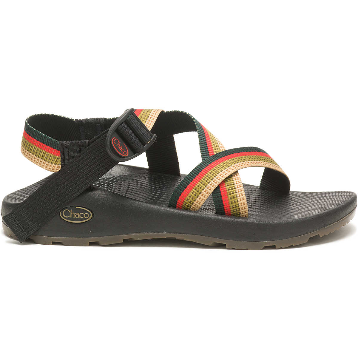 The Chaco Z1 Classic - Men's is a black sandal for outdoor lovers, featuring adjustable tan, red, and green striped straps, rubber sole, podiatrist-approved footbed, and side logo.