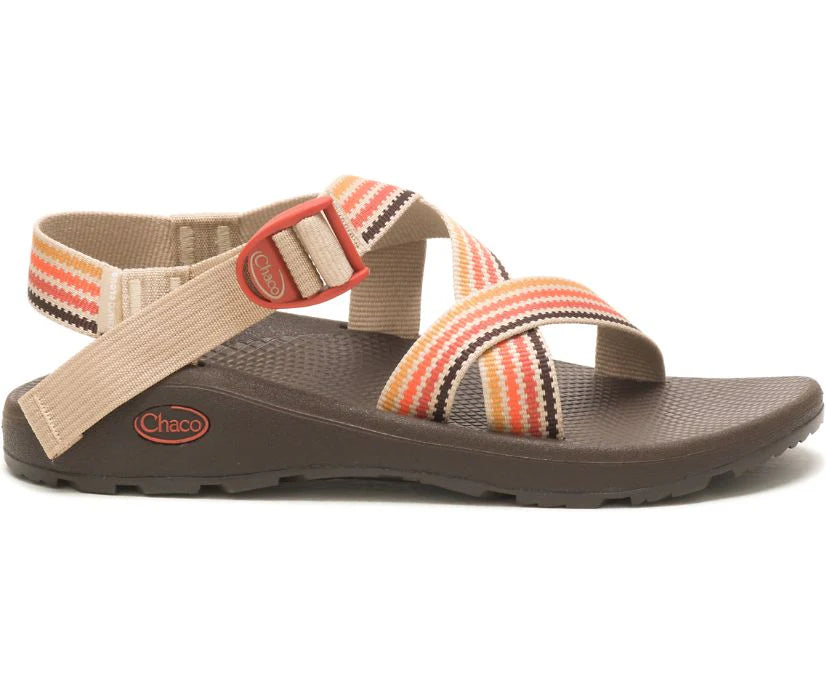 A brown Chaco ZCloud - Men's sandal with adjustable beige, orange, and red striped straps and a textured sole, shown from the side. Designed for all-day outdoor comfort and adventure.