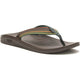 The Chaco Classic Flip - Men's is a brown, durable flip flop featuring a textured sole and a multicolored strap with green, red, and yellow stripes—designed for all-day comfort.