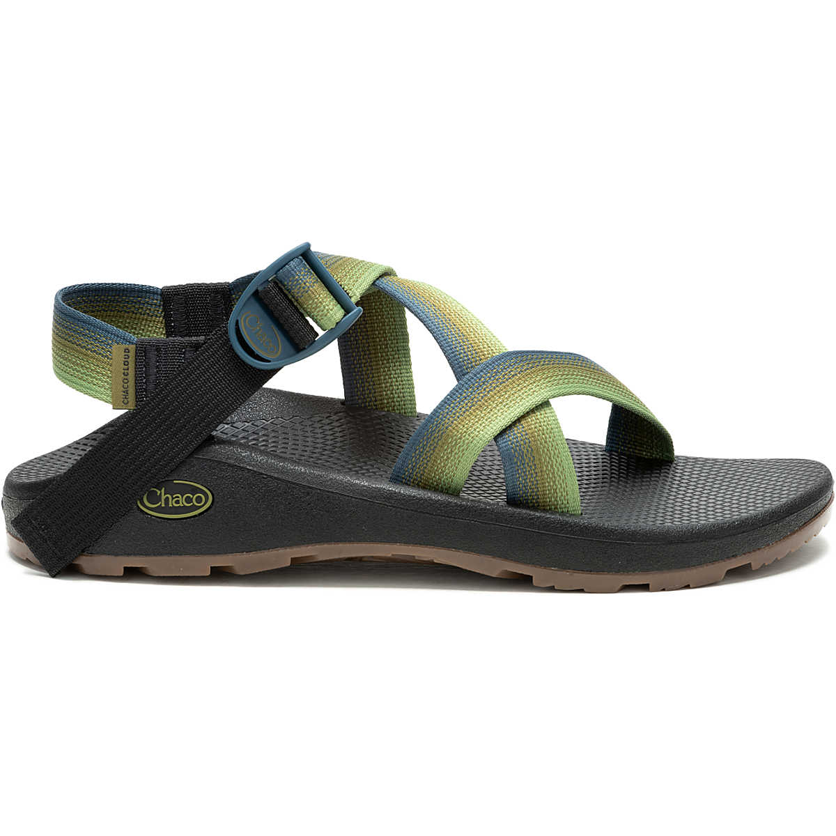 The Chaco ZCloud - Men's sandal features green and blue adjustable straps, a black footbed, and a brown rubber sole—ideal for comfortable hiking.