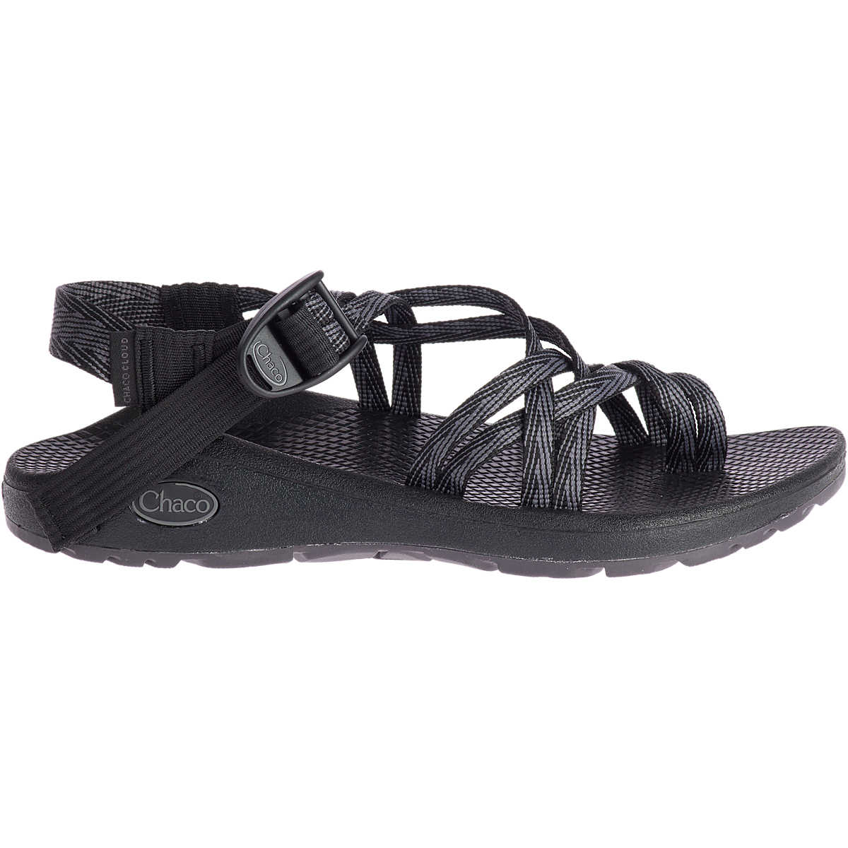 The Chaco ZCLOUD X2 Women's sandal, shown in black with adjustable straps and a textured sole featuring the signature LUVSEAT footbed, is displayed from the side against a white background.