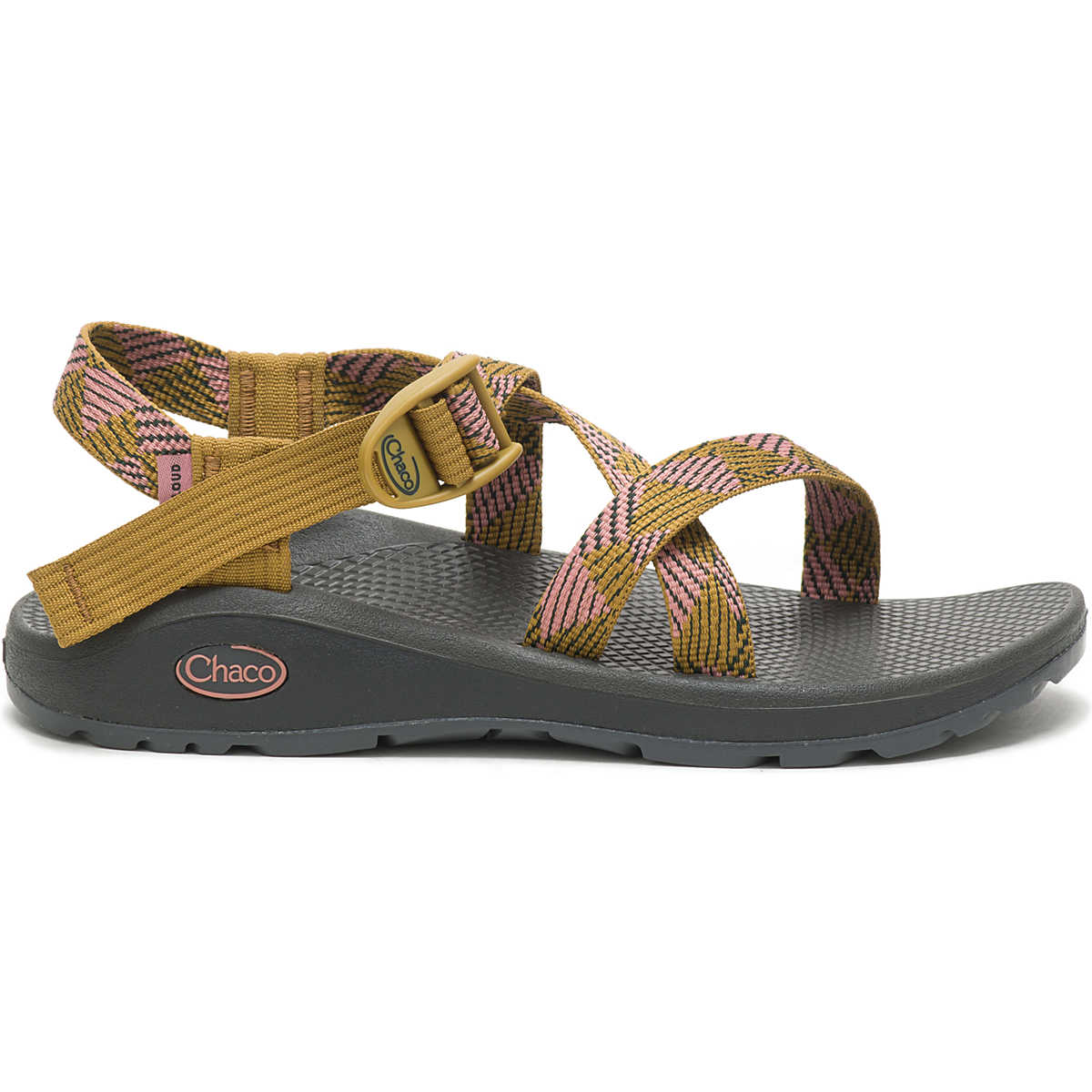 The Chaco ZCloud - Women's sandal features Cloud Cushioning, a grey sole, and adjustable yellow and pink patterned straps, shown from the side on a white background.