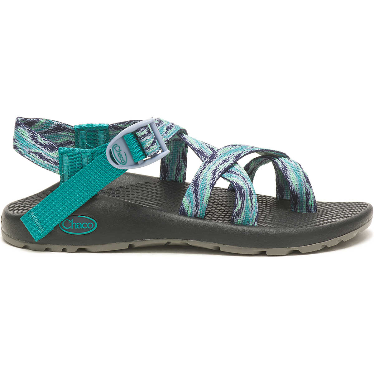 The Chaco Z2 Classic - Women's sandal features multicolored adjustable straps, a grey sole, and the iconic Chaco logo—ideal for women seeking durable hiking sandals.