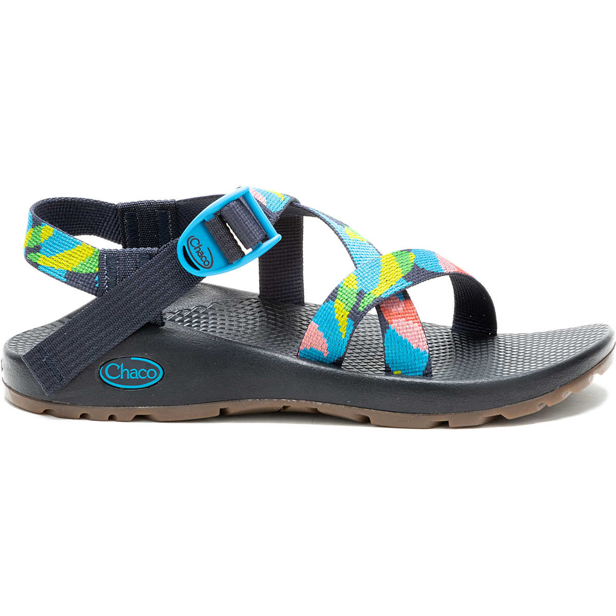 The Chaco Z1 Classic - Women's sandal features a black sole, brown tread, and colorful adjustable straps with blue, green, and red patterns—perfect for stylish hiking adventures.