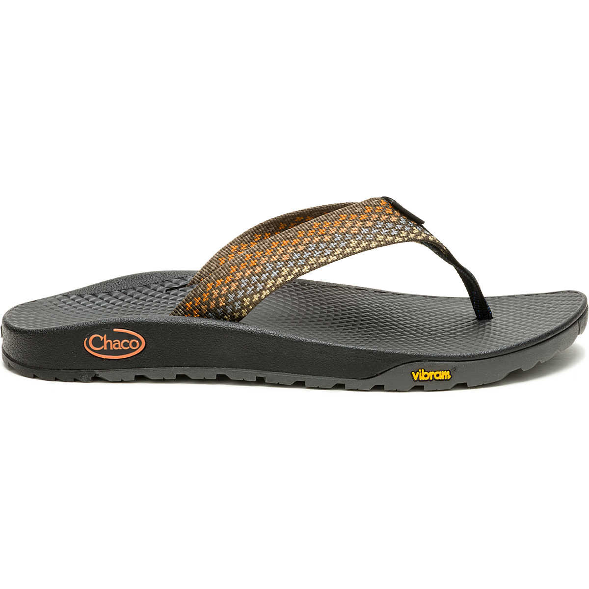 The Chaco Rapid Pro Flip Flop - Women's features black and gray colors, orange and brown patterned straps, Chaco and Vibram logos, plus a Vibram outsole for superior traction in water performance sandals.