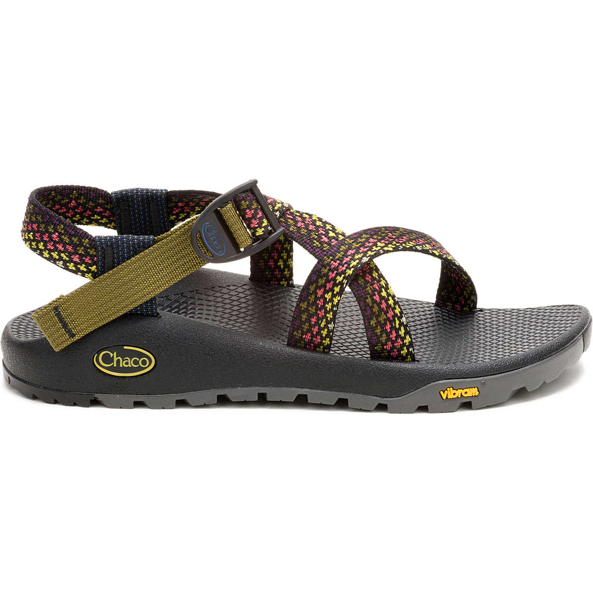 The Z1 Rapid Pro Women's Chaco sandal features adjustable patterned straps, a black textured footbed, and a rugged Vibram outsole with Chaco and Vibram logos.