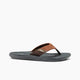 The REEF SANTA ANA sandal by REEF features brown and black straps, a textured dark gray sole, and is displayed in side profile on a white background. This water-friendly flip-flop delivers high arch support for all-day comfort.