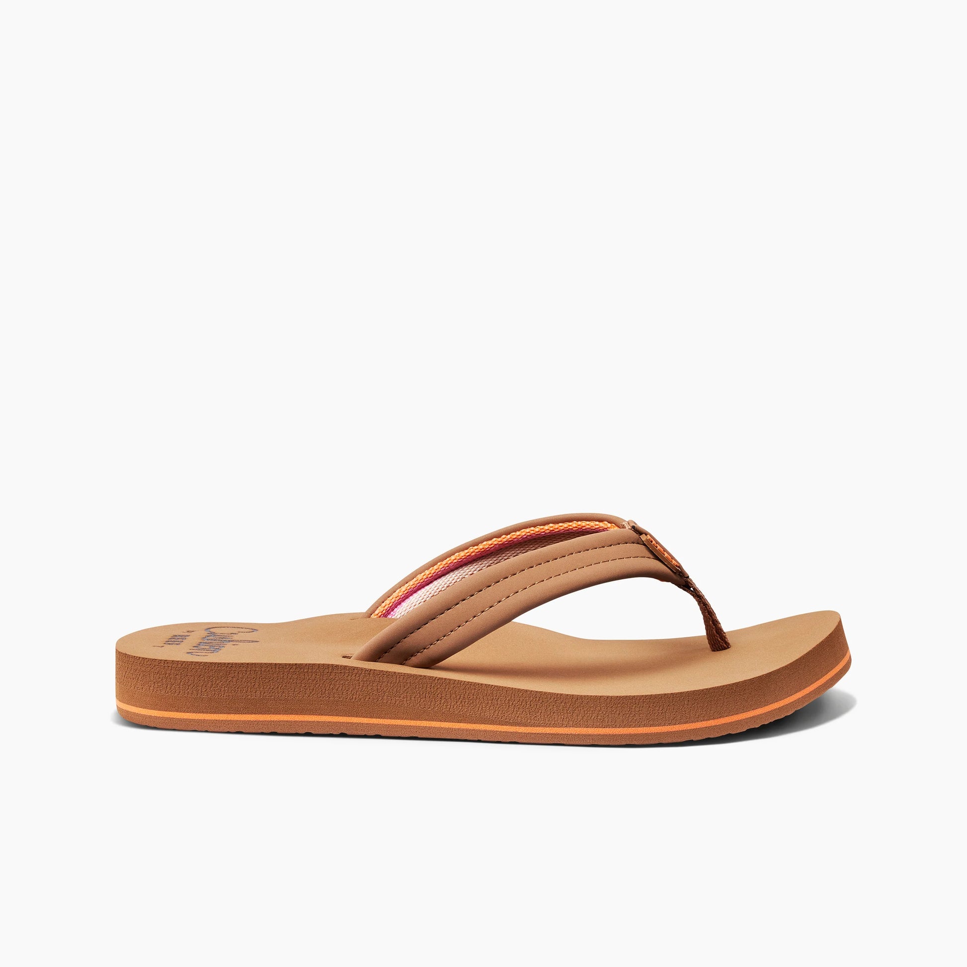 The REEF Cushion Breeze Flip Flops feature dual-tone fabric straps, a cushioned sole, and anatomical arch support in brown, shown on a plain white background.