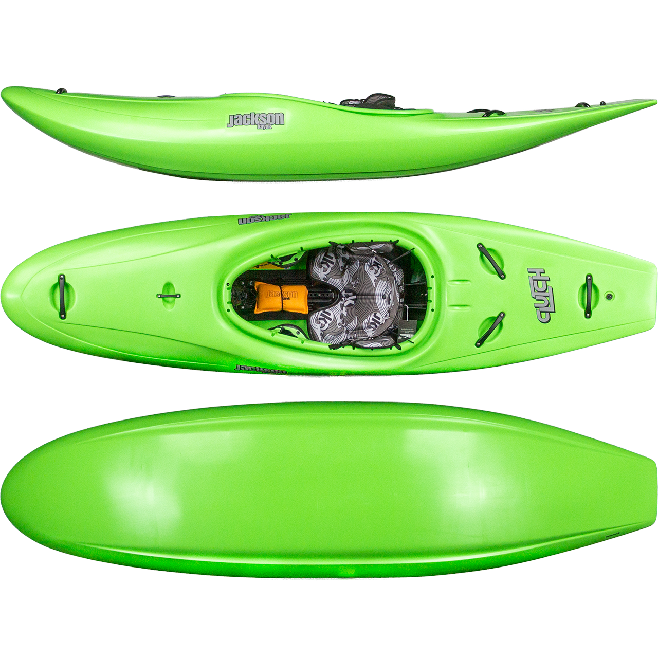 The Jackson Kayak Clutch is a bright green one-person half-slice kayak, shown from the side, top, and bottom views, with a visible seat and footrests in the cockpit.