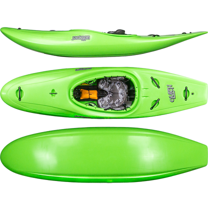 The Jackson Kayak Clutch is a bright green one-person half-slice kayak, shown from the side, top, and bottom views, with a visible seat and footrests in the cockpit.