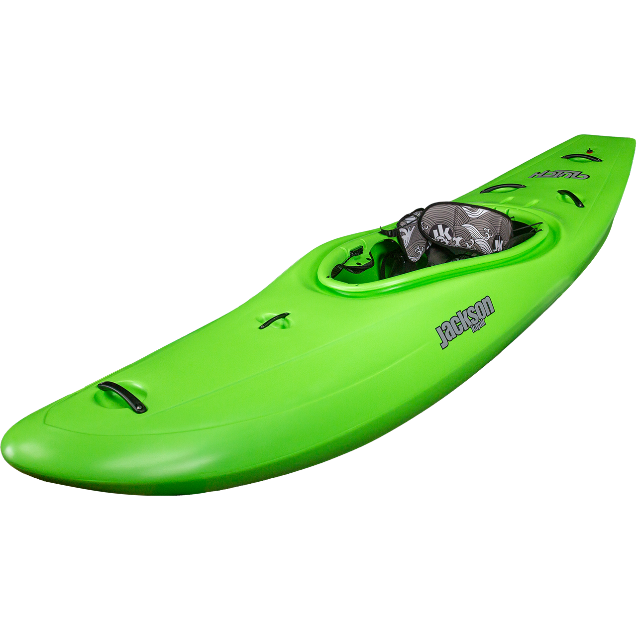 A Jackson Kayak Clutch creek boat for one person in bright green, with a black and white seat, shown from an angle highlighting the top and side.