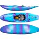 A blue and purple sit-in creek boat, the "Clutch" by Jackson Kayak, is shown from side, top, and bottom views with its brand and model visible on the hull.