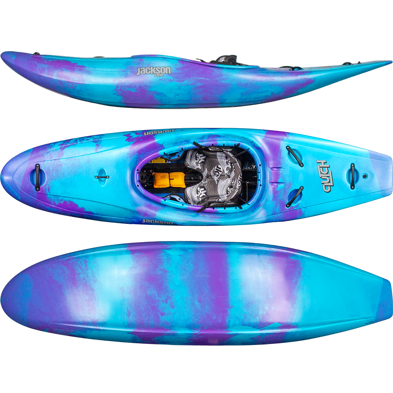 A blue and purple sit-in creek boat, the "Clutch" by Jackson Kayak, is shown from side, top, and bottom views with its brand and model visible on the hull.