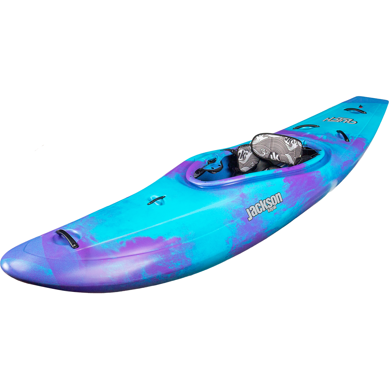 The Jackson Kayak Clutch is a versatile, single-cockpit half slice kayak for one person, shown in blue and purple from a side angle on a white background.