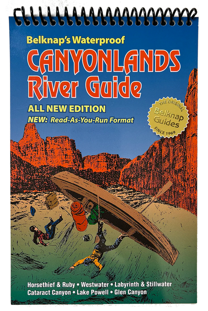 Cover of "Canyonlands River Guide" by Westwater Books, showing a capsized raft in a canyon, bold orange and yellow title, and spiral-bound top—an essential guide for every Colorado River adventurer.