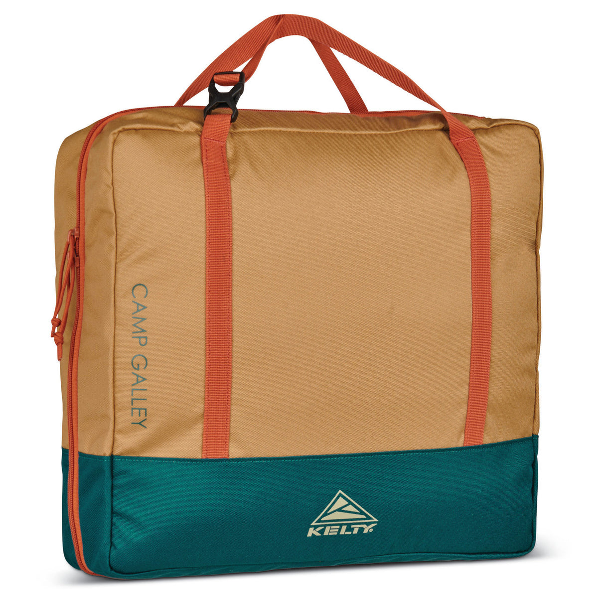 The Kelty Camp Galley is a rectangular bag in tan and teal with orange handles and zipper, featuring visible branding—a must-have camp kitchen organizer for outdoor adventures.