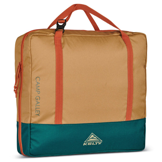 The Kelty Camp Galley is a rectangular bag in tan and teal with orange handles and zipper, featuring visible branding—a must-have camp kitchen organizer for outdoor adventures.