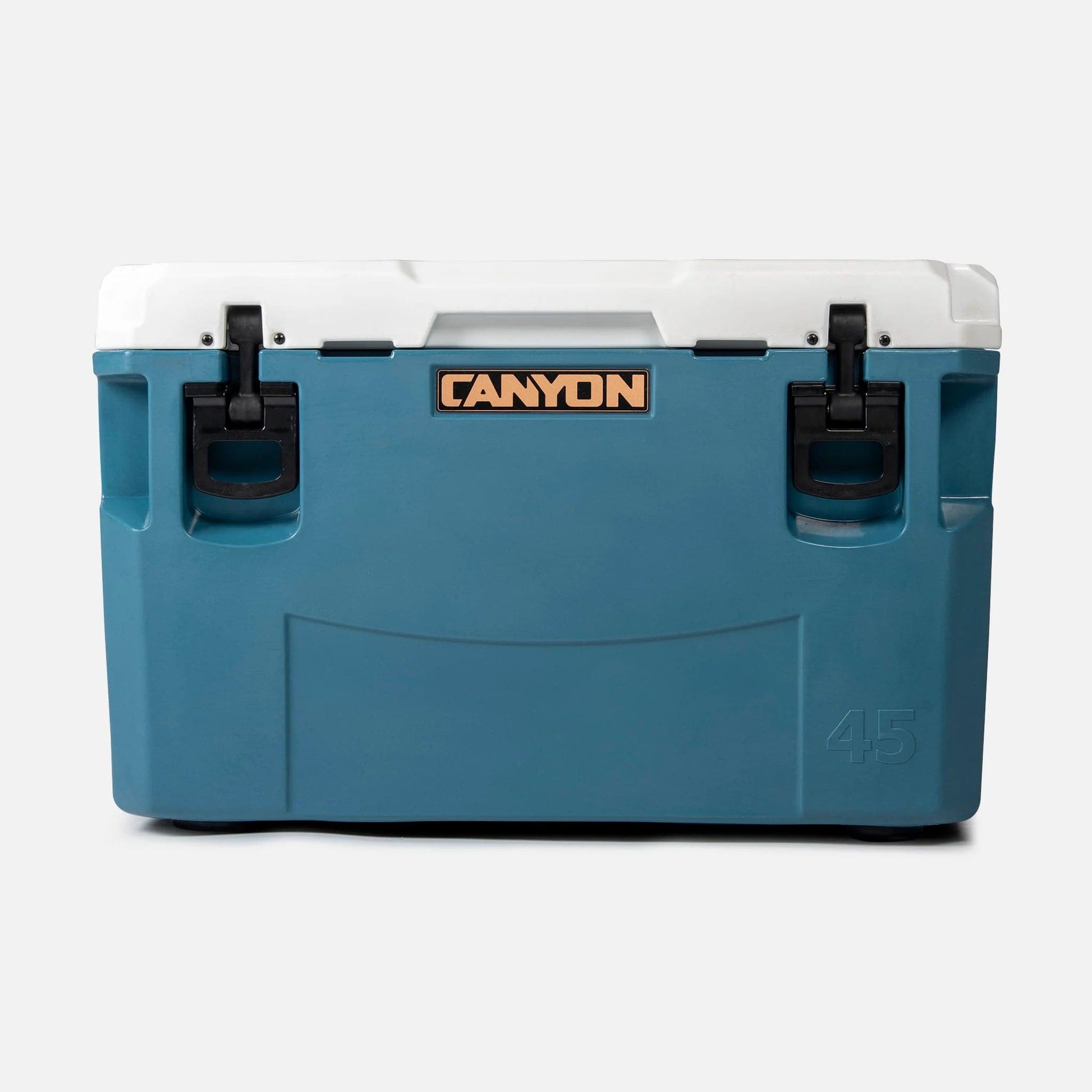 The Canyon Coolers PRO Series Cooler, in blue and white with a brown logo and black latches, guarantees maximum ice-retention. It also includes a lifetime warranty for added peace of mind.